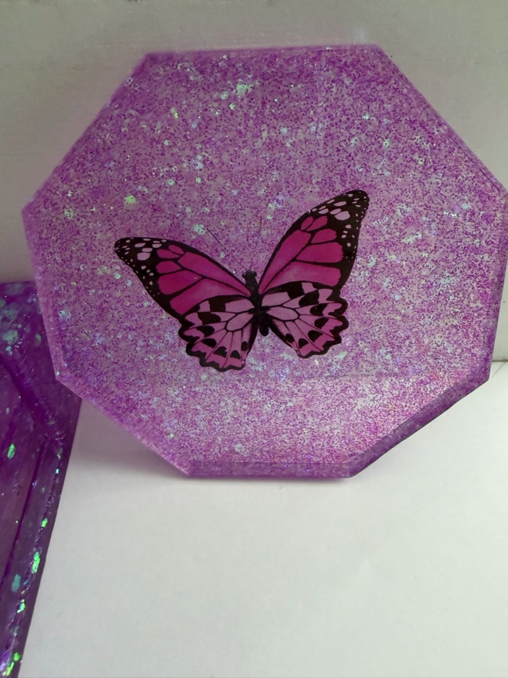 Handmade Purple Glitter Butterfly Coasters - Set of 5 - Picture 5 of 9